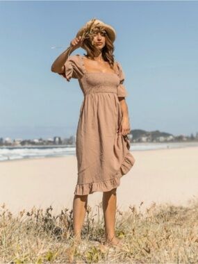 Smocked Square-Neck Midi Dress in Tan